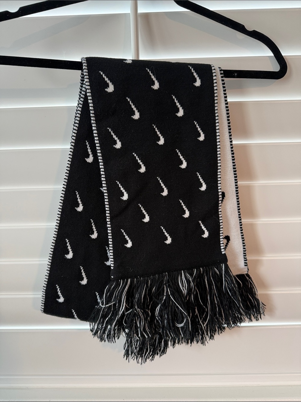 Nike Black and White Swoosh Knit Scarf with Fringe